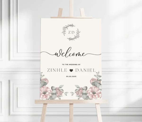 Beige Flowery Wedding Welcome Sign