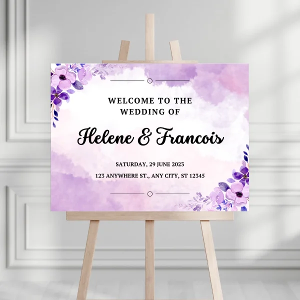 Black Purple White Modern Floral Wedding Welcome Sign