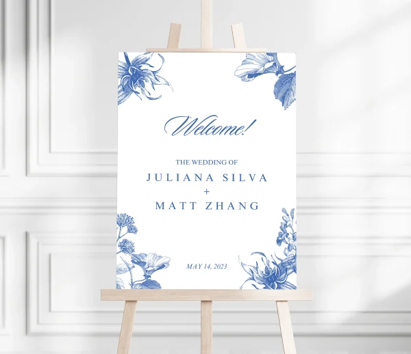Blue and White Floral Wedding Welcome Sign
