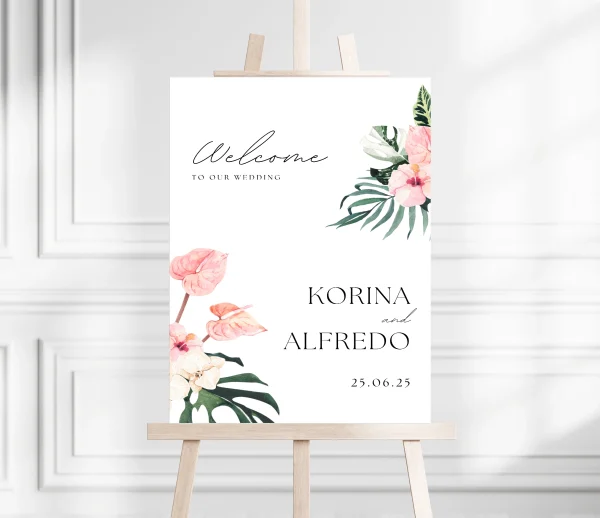 Pink Green Tropical Wedding Welcome Sign