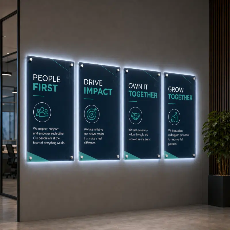 LED Backlit Acrylic Office Values Signs with Standoffs LED Backlit Acrylic Office Values Signs with Standoffs